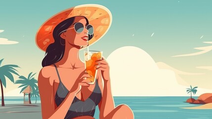 Wall Mural - Drawing of a girl in bikini drinking a soda by the ocean