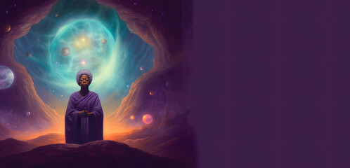 Wall Mural - Black woman meditates in cosmos, wise elder african woman connecting with the universal consciousness. Concept. Generative AI.