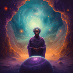 Wall Mural - Black woman meditates in cosmos, wise elder african woman connecting with the universal consciousness. Concept. Generative AI.
