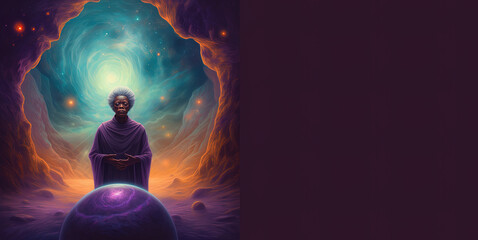 Wall Mural - Black woman meditates in cosmos, wise elder african woman connecting with the universal consciousness. Concept. Generative AI.
