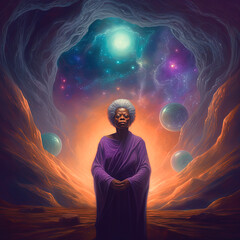 Wall Mural - black woman meditates in cosmos, wise elder african woman connecting with the universal consciousnes