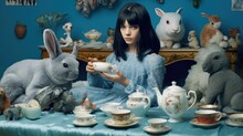 A Girl With Blue Hair Having A Tea Party With Different Animals