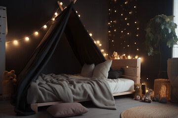 Kids bedroom in dark colors. Cozy kids room interior, scandinavian nordic design with light garlands, Generative AI	
