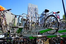 Many Bicycles Stacked On 2-level Racks In A Public Bike Parking At The Blaak Subway Station In Rotterdam, The Netherlands