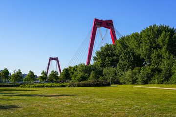 Willemsbrug suspension bridge as seen from the lawn of a public park in Rotterdam, crossing the Nieuwe Maas river in the Netherlands - Red steel road bridge with two towers