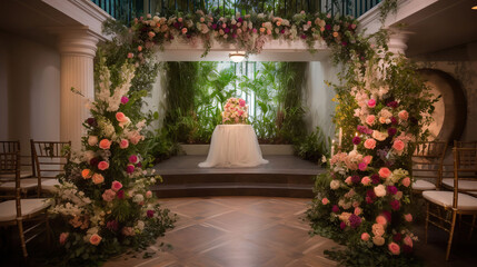 Wall Mural - The wedding venue was transformed into a fairytale-like setting with lush greenery and flowers cascading down the walls. Generative AI