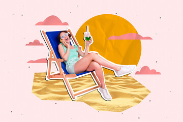 Creative 3d photo artwork graphics collage painting of happy lady talking gadget suntanning isolated drawing background