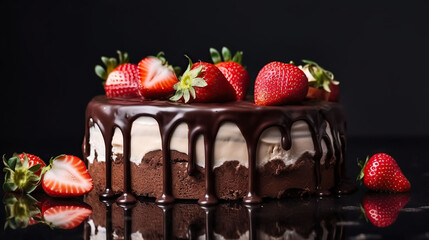 Wall Mural - Three chocolates cake with chocolate drips on a black background. Layered cake with milk, black and white chocolate souffle decorated with strawberries on top. Generative AI