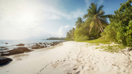 White sandy tropical beach and soft sunlight background. Generative AI