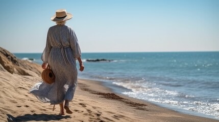 Wall Mural - Elderly woman walking along the seashore during summer vacation