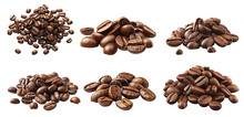 Six Heaps Of Big And Small Coffee Beans On A Transparent Background, Generative AI