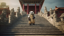 Chinese Panda Warrior Emporer Walking Down The Stairs Of The Palace. Cool Animal Photos. Chinese Oriental Fantasy. AI Art.