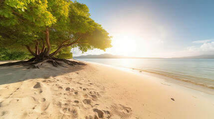 Beautiful White sandy tropical beach and soft sunlight background. Generative AI
