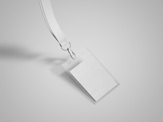 Blank bagde mockup isolated on white. Plain empty name tag mock up hanging on neck with string. Nametag with blue ribbon and transparent plastic paper holder. 3D illustration, 3D rendering.