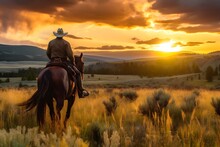 Cowboy On A Horse In The Field Rides Against The Background Of The Sunset. Breathtaking Landscape Wallpaper. Generative AI
