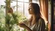 © Oliver - Young woman examining plant branch in window