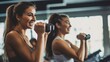 © Oliver - Two women friends working out with dumbbells in gym