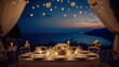 A Night to Remember: Celestial Wedding Theme with Imperial Table Setting and Ocean Vistas with soft candlelight. Generative AI