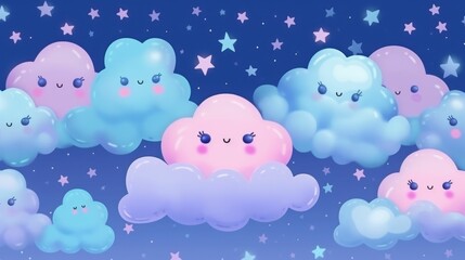 Sticker - Blue sky with cute and fluffy pink rainbow clouds