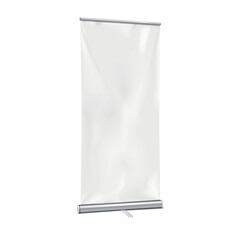 Wall Mural - White blank roll-up retractable banner stand vector mock-up. Vertical pop-up roller exhibition display realistic mockup. Template for design