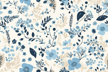 Cute Hand Drawn Abstract Flowers Print. Modern Cartoon Style Pattern. Fashionable Template For Design. Vintage Blue And Beige Floral Seamless Pattern On White Background