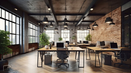 Wall Mural - Inspiring Interiors, 3D Rendered Modern Loft-Style Design for an Office Space that Elevates Productivity. Generative AI