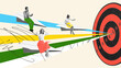 © master1305 - On target. Motivated and ambitious employees on their way to personal and professional success. Contemporary art collage. Concept of office, business, career development, teamwork, promotion
