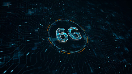 blue digital 6G logo with data transfer concept and connection technology with futuristic technology circle HUD with circuit board and data transfer on abstract background perspective