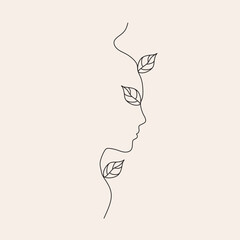 Canvas Print - Line art Minimalist Woman Face with Leaves. Nature concept cosmetics logo. Line drawing the female profile of beauty botanical sign