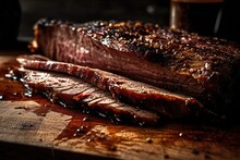 Roasted Beef Brisket On A Wooden Cutting Board, Generative AI