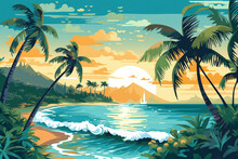Drawing Tropical Beach Summer Background. Graphic Illustration Design. Generative Ai.