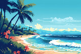 Fototapeta Morze - Drawing tropical beach summer background. Graphic illustration design. Generative ai.