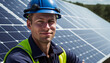 Experte in der Photovoltaik Handwerker Portrait auf einem Dach mit Solarpanels durch Solarenergie und Solartechnik Nachhaltigkeit Generative AI 