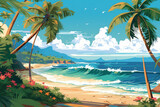 Fototapeta Morze - Drawing tropical beach summer background. Graphic illustration design. Generative ai.