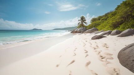 Beautiful White sandy tropical beach and soft sunlight background. Generative AI