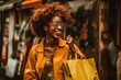 Happy luxury African woman travel shopping in urban city, vibrant, fashion, contemporary, lifestyle, generative AI