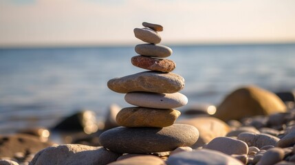 Wall Mural - Stack of stones on a seashore