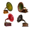 Collage, four vintage gramophones on a white background isolated