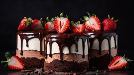 Wall Mural - Layered cake with milk, black and white chocolate souffle decorated with strawberries on top. Generative AI