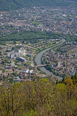 Canvas Print - Grenoble and Isere river bends from above