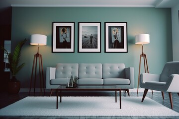 minimal design apartment, a wall with two or three picture frames, a modern living room, colorful furniture