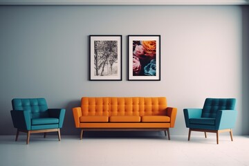 minimal design apartment, a wall with two or three picture frames, a modern living room, colorful fu