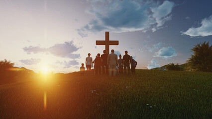 Poster - Silhouette family looking for the cross of Jesus Christ on autumn sunrise background. 3d rendering