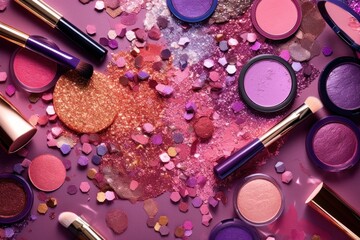 Poster - A variety of makeup products on a pink surface. Generative AI image.