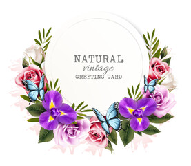 Wall Mural - Natural vintage greeting card with beautiful colorful flowers and butterflies. Vector.