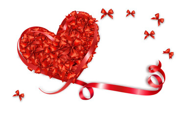 Aufkleber - Red bows collected in the shape of a heart and a red ribbon in the shape of a heart. Mother's Day background. Vector illustration