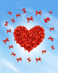 Leinwandbilder - Festive card with beautiful red bows folded in the shape of a heart. Red bows collected in the shape of a heart. Gift sale concept. Vector.