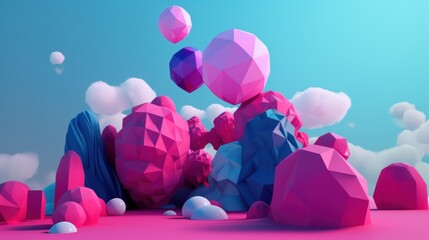 Wall Mural - a bunch of pink and blue rocks on a pink surface. generative ai image.