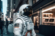 © ADDICTIVE STOCK - AI generated illustration of selective focus of unrecognizable spaceman standing near modern stores in evening on city street