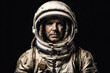 © ADDICTIVE STOCK - AI generated illustration of a portrait of a serious male astronaut wearing a spacesuit and helmet looking at the camera while standing against a black background